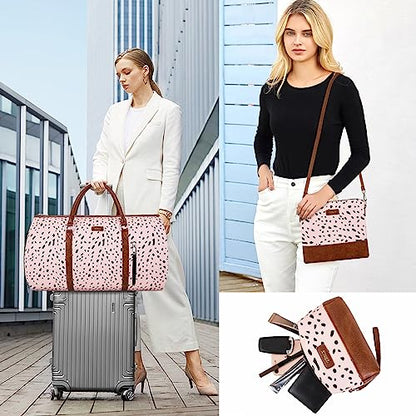 Convertible 2-in-1 Garment Bags for Travel, Carry On Garment Duffle Bag With Shoe Compartment Large Weekender Bag for Women Men Hanging Suitcase Suit Travel Duffel Overnight Bags 4pcs Set - color: E-Pink Leopard