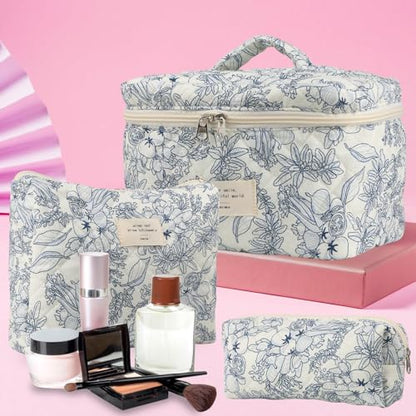 NATINSA Cute Makeup Bag for Women(2 Pcs), Travel Cosmetic Bags, Quilted Coquette Aesthetic Floral Toiletry Organizer Bag (22 - Black Flower) - color: 22 - Black Flower