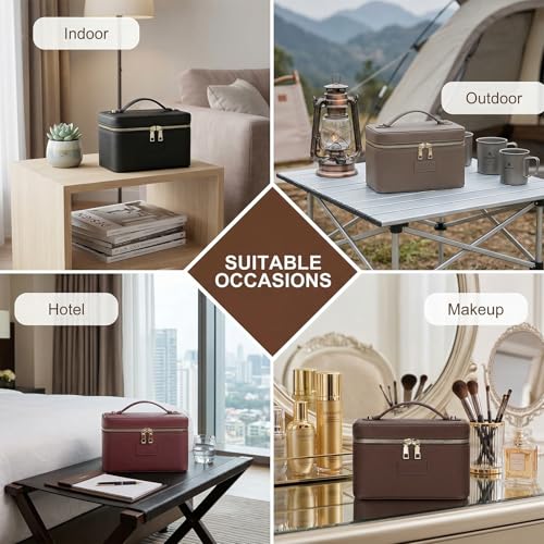 Makeup Bag Vanity Case for Women – Portable Cosmetic Bag Makeup Bag Organizer Travel Toiletry Bag with Removable Divider - color: Khaki
