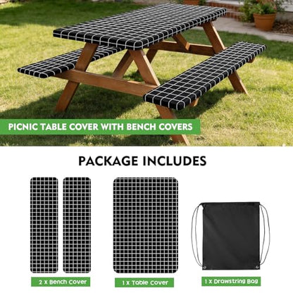 Picnic Table Cover with Bench Covers, Fitted 6ft Waterproof Tablecloth Set for Outdoor Camping & RV - Includes 1 Table Cover & 2 Bench Covers with Drawstring Storage Bag, 30"x72", White Black Grid - color: White Black Grid