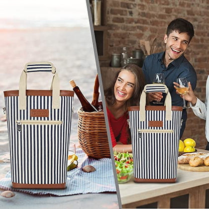 opux Two Bottle Wine Bag Carrier Tote, Insulated Leakproof 2 Bottle Wine Cooler Bag for Travel BYOB Picnic, Portable Wine Case, Gift for Men Women Wine Lover Birthday Party Christmas, Navy Stripes - color: Navy Stripes