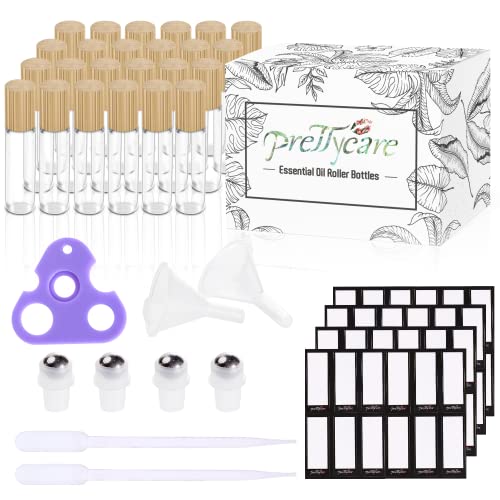 PrettyCare Essential Oil Roller Bottles 10ml (24 Pack Clear Glass Bottle with Bamboo Lid, 4 Extra Roller Balls，48 Labels, 2 Openers, 2 Funnels, 4 Droppers, Roller Balls For Essential Oils - color: Clear with Wooden Cap, size: 24 Pack