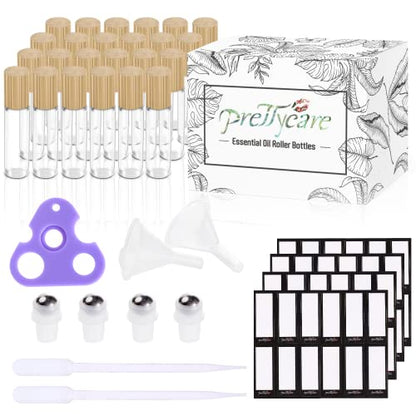 PrettyCare Essential Oil Roller Bottles 10ml (24 Pack Clear Glass Bottle with Bamboo Lid, 4 Extra Roller Balls，48 Labels, 2 Openers, 2 Funnels, 4 Droppers, Roller Balls For Essential Oils - color: Clear with Wooden Cap, size: 24 Pack