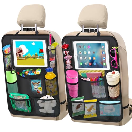 Car Backseat Organizer ，2 Pack Car Organizer Back Seat with 11" Tablet Holder, 10 Storage Pockets Seat Back Protectors Kick Mats for Kids Toddlers, Travel Accessories (Black) - color: Black, size: 2 Pack