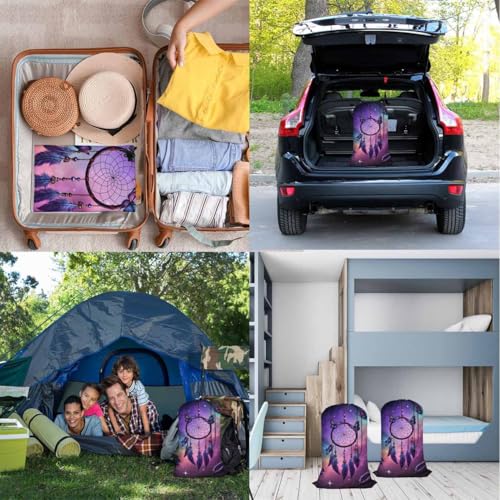 Swono Dreamcatcher Laundry Bag with Drawstring Closure, Foldable, Lightweight, 28" X 40" Watercolor Ethnic Butterflies Feathers Packable Dirty Clothes Pouch for Home Dorm, Camp, Road Trip - color: Dreamcatcher