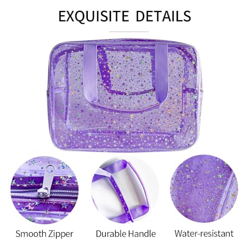 12”X5“X8” Portable 8L Purple Clear Makeup Bag Twinkle Star Toiletry Bag Waterproof Cosmetic Bag With Zipper & Handle for Concert Sports Events Travel Commuting Beach Essential - color: Purple