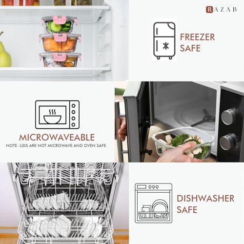 Razab 30 PC Glass Food Storage Containers with Lids - Reusable Glass Meal Prep Containers for Lunch and Leftovers - Airtight & Leakproof Snap Locking Lids - Oven, Freezer, Microwave, Dishwasher Safe - color: Pink