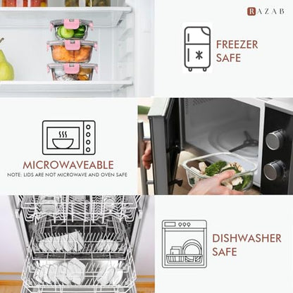 Razab 30 PC Glass Food Storage Containers with Lids - Reusable Glass Meal Prep Containers for Lunch and Leftovers - Airtight & Leakproof Snap Locking Lids - Oven, Freezer, Microwave, Dishwasher Safe - color: Pink