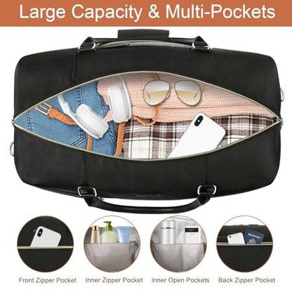 ITIEZY Weekender Overnight Bag for Women - Large Travel Duffel Bag with Shoe Compartment, Gym Duffel Bag Hospital Bag Carry On Tote Bags for Airplanes with Crossbody Bag Toiletry Bag 3Pcs Set - color: 6-Black