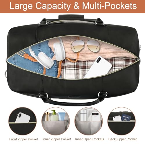 ITIEZY Weekender Overnight Bag for Women - Large Travel Duffel Bag with Shoe Compartment, Gym Duffel Bag Hospital Bag Carry On Tote Bags for Airplanes with Crossbody Bag Toiletry Bag 3Pcs Set - color: 6-Black