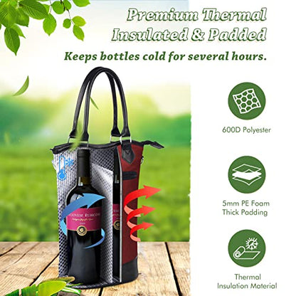 Tirrinia Insulated Wine Gift carrier Tote - Travel Padded 2 Bottle Wine/Champagne Cooler Bag with Handle and Adjustable Shoulder Strap, Great Wine Lover Gift, Red - color: Red