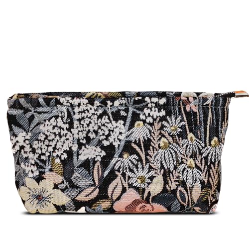 HAPPYHEIDI Cute Floral Makeup Bag Cosmetic Travel Pouch with Bottom and Zipper, Purse Make Up Organizer, Aesthetic Textured Fabric, Medium - color: Classic Black Floral Medium