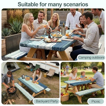 Picnic Table Cover with Bench Covers Camping Essentials Waterproof Windproof Camping Tablecloth with Drawstring Bag, Fitted Rectangle Tables and Seats, 72in, Bohemian - color: Bohemian, size: 72in