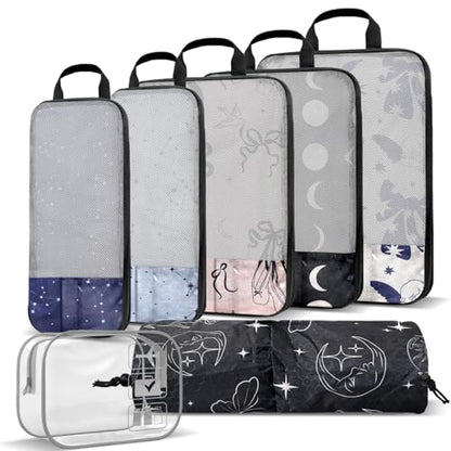 Boho Compression Packing Cubes Set (7 Piece) - Sun Moon Stars Travel Organizer Bags Travel Essential Bag for Clothes Shoes Cosmetics Toiletry - color: Black-11