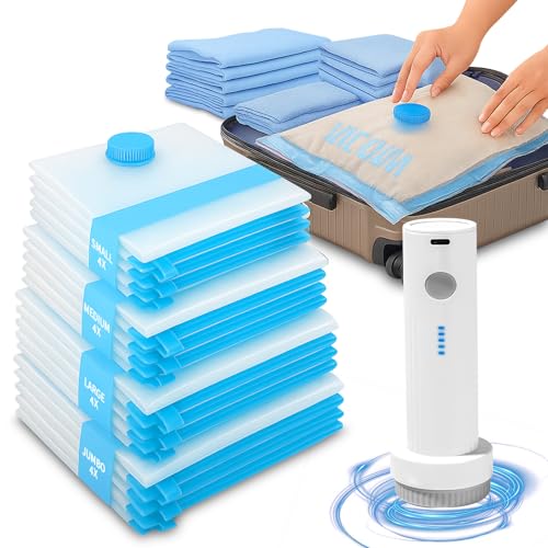 Vacuum Seal Bags for Clothing Travel, 16 Pack Vacuum Storage Bags for Clothes with Portable Electric Pump,4 Small + 4 Medium + 4 Large + 4 Jumbo Space Saver Bags for Luggage Traveling and Clothing