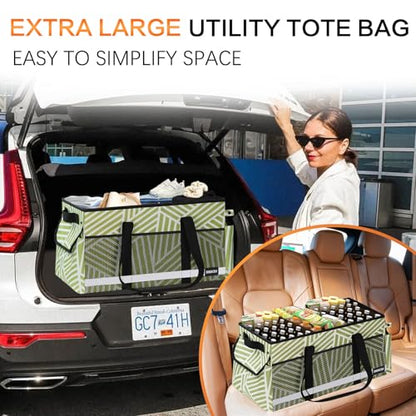 Upgrade Extra Large Utility Tote Bag with Reflective Strip, Standing Reusable Grocery Bags with Hard Bottom, Collapsible Utility Tote with Handles for Shopping, Beach, Picnics, Car, Twill Green - color: Twill Green