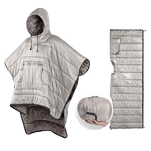 Camp Poncho Sleeping Bag Wearable Hooded Blanket - Envelope Lightweight Thermal Cloak Cape Windproof with Premium Stuff Compression Sack for Backpacking Hiking Hunting Fishing Outdoor Sport - color: Beige