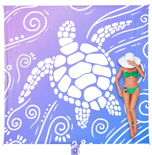 WEKAPO Beach Blanket Waterproof Sandproof Oversized Extra Large Sand Free Beach Mat with Stakes, Storage Bag - Essentials for Outdoor Beach, Picnic (Blue Purple Sea Turtle, 8 X 7 FT (1~4 Person)) - color: Gradient Blue Purple Sea Turtle, size: 8 X 7 FT (1