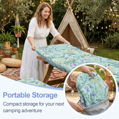 Picnic Table Cover with Bench Covers Camping Essentials Waterproof Windproof Camping Tablecloth with Drawstring Bag, Fitted Rectangle Tables and Seats, 72in, Gray Blue - color: Gray Blue, size: 72in