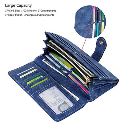 Women's Vegan Leather 17 Card Slots Card Holder Long Big Bifold Wallet - color: Navy
