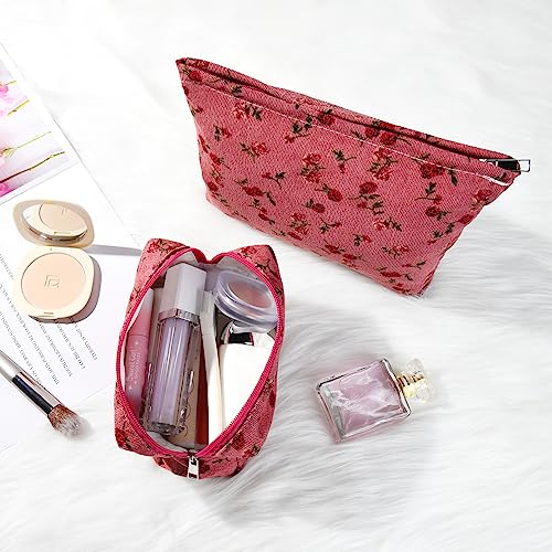 SOIDRAM 2 Pieces Rose Makeup Bag Large Cosmetic Bag Capacity Canvas Mix Travel Toiletry Bag Organizer Cute Makeup Brushes Aesthetic Accessories Storage Bag for Women, Rose Mix Green Red - color: Red Rose