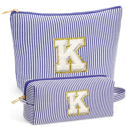 Travel Toiletry Bag Set for Women - Travel Essentials, Initial Travel Makeup Bag Organizer Small Cosmetic Bag for Purse Blue Stuff Gifts for Women Mom Girlfriend Teacher, Blue Letter K - color: Blue, style: K