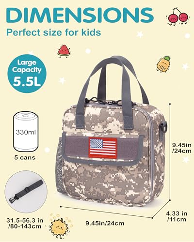 Tactical-style Lunch Bag 5L Kids Lunch Bag with Adjustable Shoulder Strap Easy to Clean Leakproof Wipeable liner Toddler Lunch Box Bag for Boys Girls School and Daycare - color: ACU Camo
