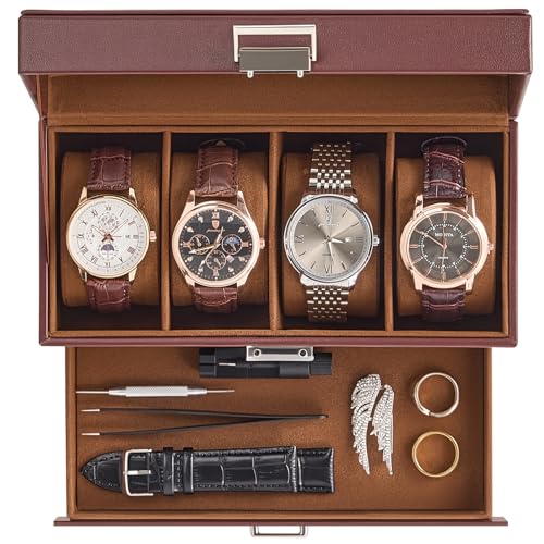 ProCase Watch Case, 4 Slot Mens Watch Box Holder Organizer with Glass Lid, 2-Layer Watches Display Case, Mens Jewelry Box with Drawer, Birthday Valentine Gifts for Men Women -4 Slot, Espresso - color: Espresso, size: 4-Slot