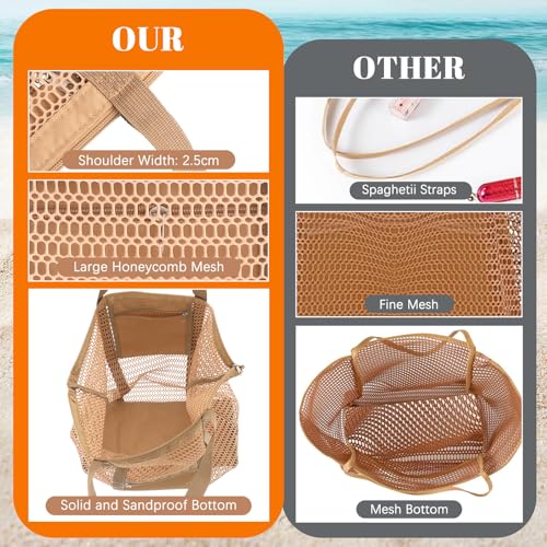 Dntorx Women's Mesh Beach Bag, Stylish Beach Tote for Swimming, Travel & Vacation Essentials, Lightweight Design for Poolside - color: Khaki