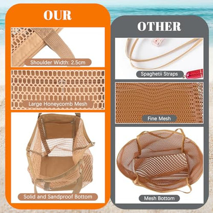 Dntorx Women's Mesh Beach Bag, Stylish Beach Tote for Swimming, Travel & Vacation Essentials, Lightweight Design for Poolside - color: Khaki