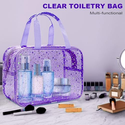 Clear Purple Star Large Makeup Bag with Star Pattern 12x5x8 inch, Travel Cosmetic Bag with Handle, Durable PVC Material Washbag Zipper Opening Design for Makeup Travel Organizer or Gym Use - color: Purple, style: Star