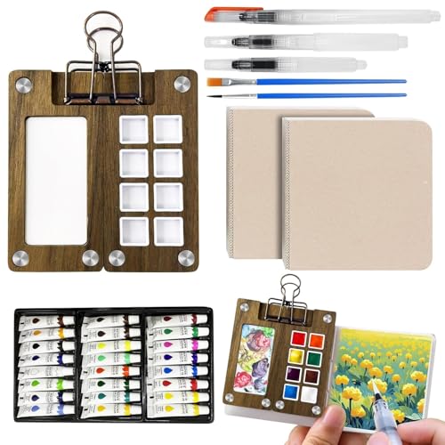 Mini Watercolor Paint Set, Travel Paint kit, Pocket Watercolor Set with Paint, Brush, Sketchbook & Copper Clip, Watercolor Travel Kit for Beginners, Artists & Painting Enthusiasts