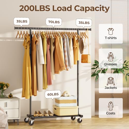 Clothes Rack for Hanging Clothes: Clothing Coat Garment Rolling Racks with Wheels Shelf Portable Closet Storage Organizer Wardrobe Strudy Metal Freestanding Laundry Room Bedroom Dress Shirt Jacket - color: Black, style: Single Rod