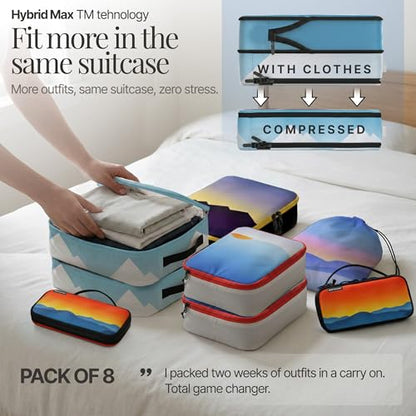 Well Traveled 8 pcs Compression Packing Bags Cubes Set with HybridMax Double-Capacity Design - Packing Cubes for Travel Compression to Maximize Limited Luggage Space, Vista - color: Vistas, size: 8-piece