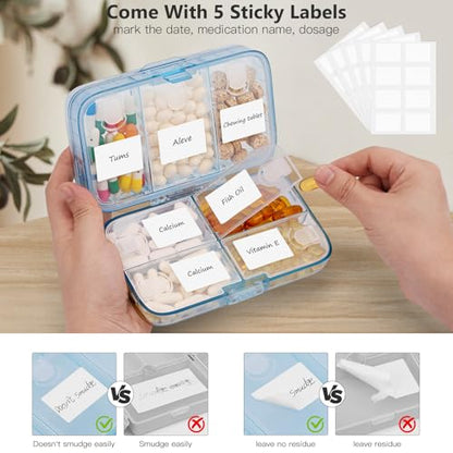 FYY Weekly Pill Organizer with Labels,8 Compartments Travel Daily Pill Case Airtight Moistureproof Large Pill Box to Hold Vitamins, Fish Oil, Supplements,Cotton Swab and Bandages-Blue - color: Blue