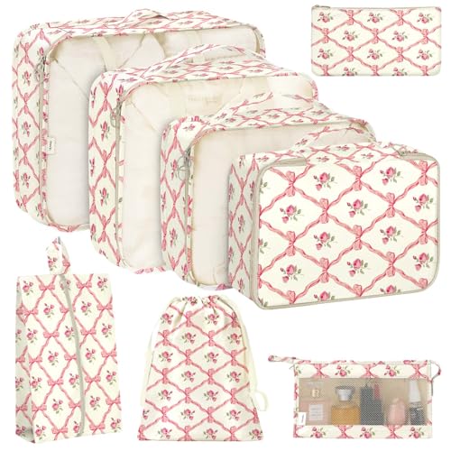 KPX 8 Set Packing Cubes for Travel, Luggage Packing Organizers Accessories Large Toiletries Bag for Clothes Shoes Cosmetics (8Set-Flower & Bow) - color: 8Set-Flower & Bow