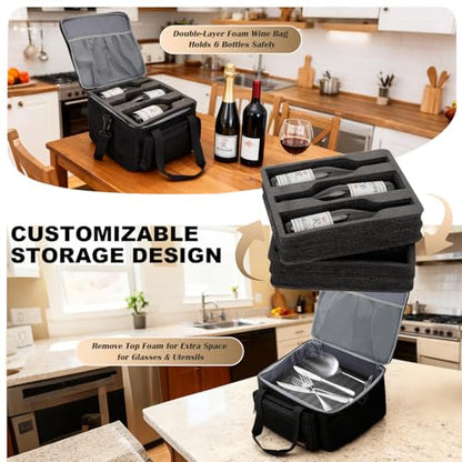 6 Bottles Wine Bag for Travel, Wine Suitcase with Double-Layer Shock-Absorbing Foam, Protective Carrier for Airplane Travel, 6 Bottles Carrying Bag for Travel & Camping, Holidays Gift for Wine Lovers