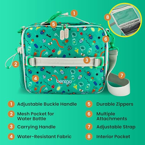Bentgo Kids Lunch Bag - Durable, Double-Insulated Lunch Bag for Kids 3+; Holds Lunch Box, Water Bottle, & Snacks; Easy-Clean Water-Resistant Fabric & Multiple Zippered Pockets (Bug Buddies) - color: Bug Buddies