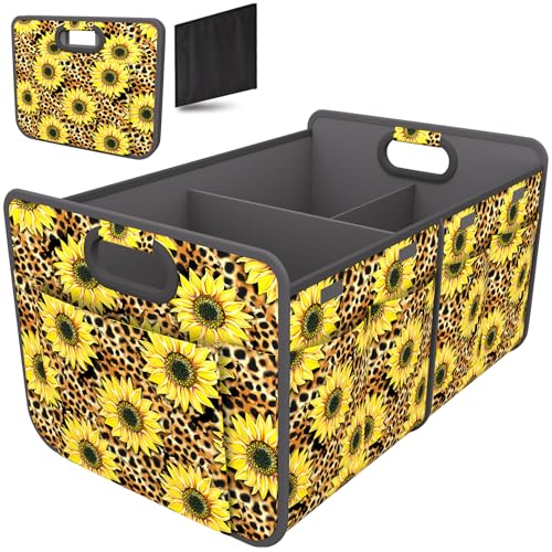 Homeve Car Trunk Organizer for SUV, 18.5Gal Large Capacity No-Sag Heavy Duty, Foldable Waterproof Anti-Slip Storage with 12 Pockets, Fit Sedan, Truck, Universal Car Accessories,Sunflower Leopard Print - color: Sunflower Leopard Print, size: 2 Compart