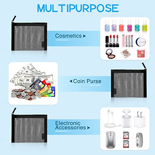 EASYFUN Small Zipper Pouch，6 Pieces Mini Mesh Pouch Coin Purse Portable Cosmetic Case Mesh Storage Bags with Key Kit Small Item Organizer,5 x 4 Inch - color: Dark Black