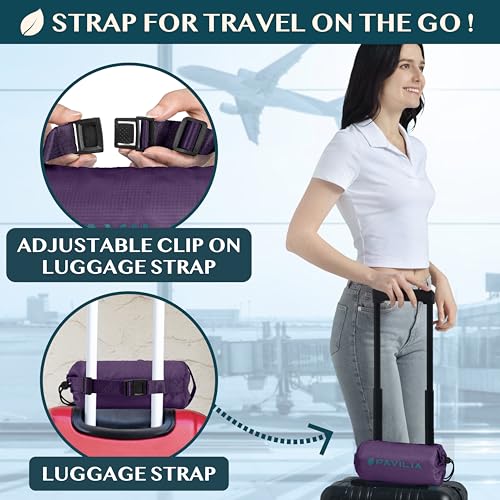 PAVILIA Travel Blanket Airplane Compact with Bag, Lightweight Soft Fleece Plane Blanket Long Flights, Camping Road Trips, Packable Travel Gift Essentials with Luggage Backpack Strap, 65x40, Purple - color: Purple