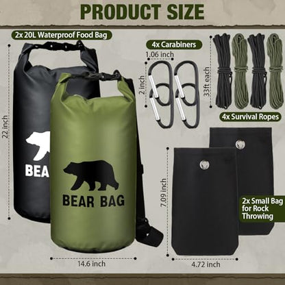 Foilswirl 2 Sets Bear Food Bag for Camping Ultralight Food Bag Hanging System Includes 2 Pcs 10 L Waterproof Bear Bag Pulley System and 4 Pcs Nylon Ropes 4 Pcs Clips 2 Pcs Rock Pouch - color: Black, Green, size: 20l