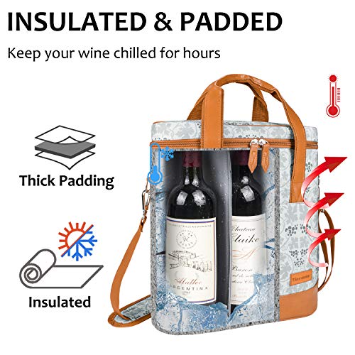 Tirrinia Insulated Wine Gift carrier - 3 Bottle Travel Padded Wine Carry Cooler Tote Bag with Handle and Adjustable Shoulder Strap, White Flower - color: White Flower