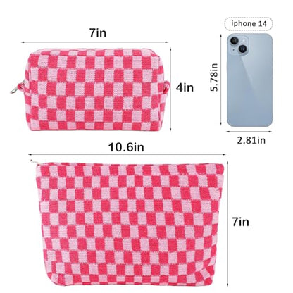 ZLFSRQ 2Pcs Makeup Bag Checkered Cosmetic Bag Set Travel Toiletry Bags for Purse Large Small Makeup Pouch for Women Cute Preppy Pencil Pouch Case Pink Zipper Skincare Bags - color: B-Checkered 2Pcs Mix Pink