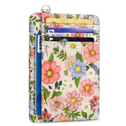 Yonlevres Credit Card Holder Slim Wallet, Floral RFID Wallet Women Front Pocket Small Card Holder, Travel Cute Thin with ID Window PU Leather RFID Blocking Case Organizer Gift Girls Ladies - color: Floral