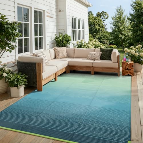Lahome Outdoor Patio Rug Waterproof 6x9,Plastic Straw Rug Reversible,Large Porch Carpet Floor Decor,Portable Outside Camping Mats for Picnic Balcony Tent Deck, Blue-Green 6x9 - color: Green Blue-aurora, size: 6' x 9' (Rectangular)