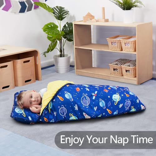 Primlect Thickened Toddler Nap Mat with Removable Pillow and Minky Blanket, Extra Large 55''x35'' Sleeping Bag, Washable, Roll up, Perfect for Daycare, Preschool, Kindergarten, Boys and Girls (Space) - color: Space Ship