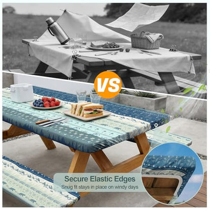 Picnic Table Cover with Bench Covers Camping Essentials Waterproof Windproof Camping Tablecloth with Drawstring Bag, Fitted Rectangle Tables and Seats, 72in, Bohemian - color: Bohemian, size: 72in
