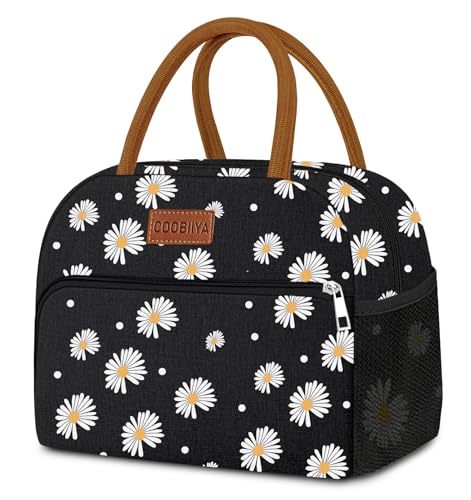 Coobiiya Lunch Bag Lunch Box for Women Men, Reusable Cute Lunchbag - Leakproof, Adult Insulated Lunch Box Tote with Large Capacity, Cooler Container for Work, Travel, Office (Black Daisy) - color: Black Daisy, size: A-regular