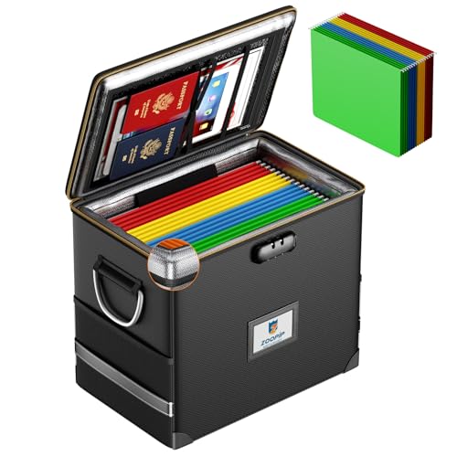 File Organizer with Lock,Fireproof Document Box,Hard Safe Box Includes 10 Hanging File Folders for Letter Size,Filing Cabinet with Fireproof Zipper,0.58 Cubic Feet - color: Black, size: 16.2"x11"x12.8"